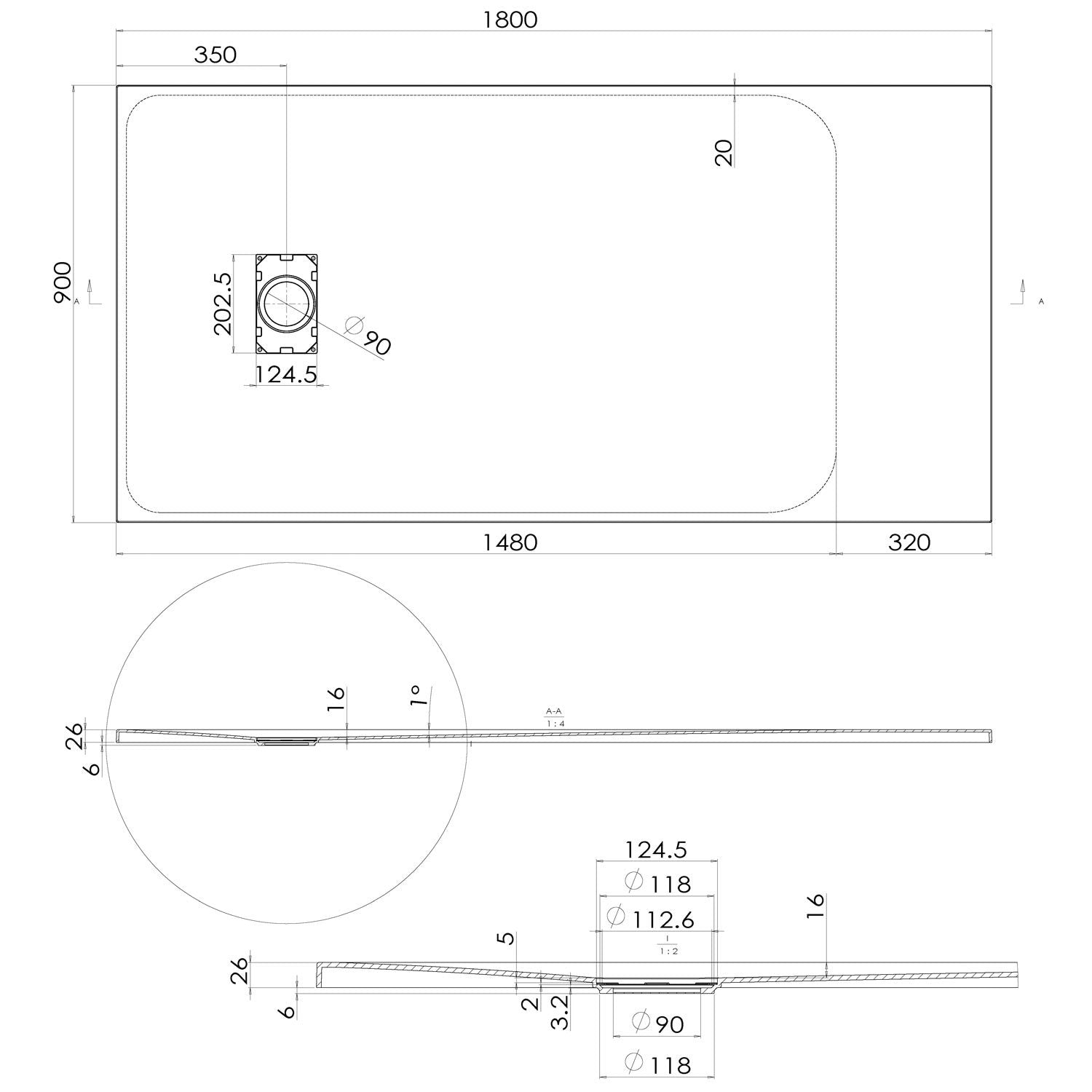 Piatto Doccia 90x180x2 6 CM Rettangolare Antracite Effetto Pietra mod. Blend