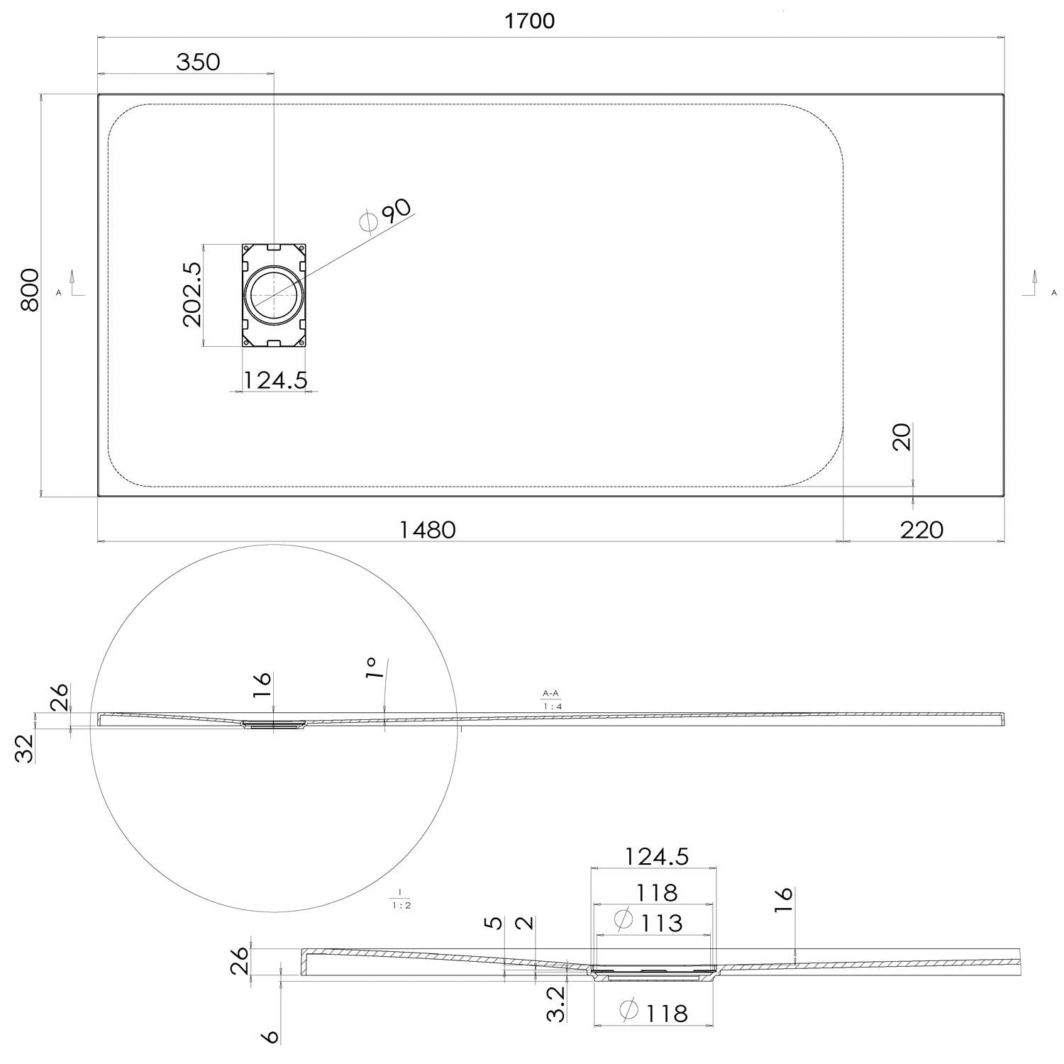 Piatto Doccia 80x170x2 6 CM Rettangolare Tortora Effetto Pietra mod. Blend