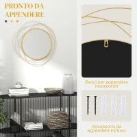Specchio Moderno e Rotondo Decorativo a Muro con Ganci, in Vetro e Metallo, Ø65x1 cm, Oro