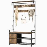 Appendiabiti con Panca Scarpiera Doppia, 10 Ganci Regolabili, e 2 Cassetti, 100x40x180 cm, Marrone Rustico