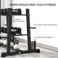 Rastrelliera per Manubri in Acciaio con 4 Aste Regolabili per Pesi e Kettlebell, 131x75x80 cm, Nero
