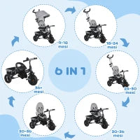 Triciclo per Bambini con Maniglione 6 in 1, Tettuccio Regolabile e Cintura di Sicurezza, Età 1-5 Anni, Grigio