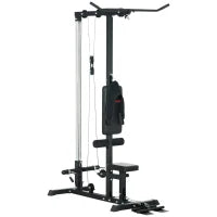 Stazione Fitness Multifunzione con Lat Machine, Sedile Regolabile e Supporto per Dischi, Nero