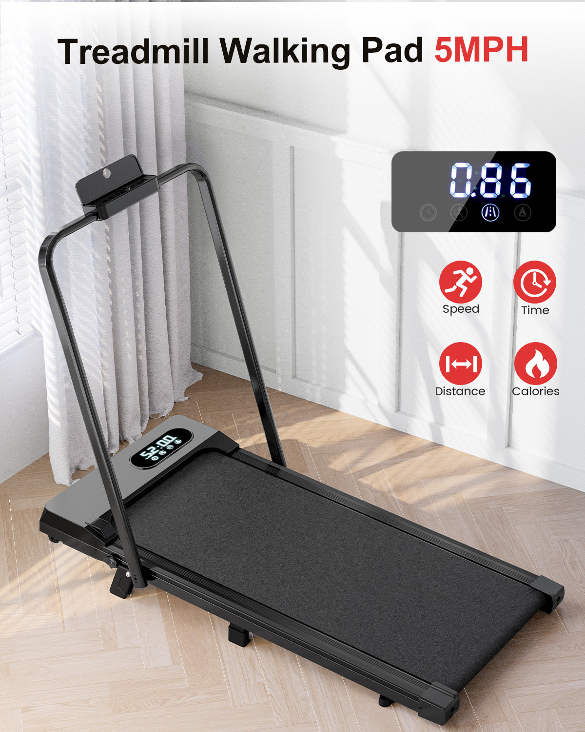 Tapis Roulant Elettrico Pieghevole 1-8 km/h - RATTANTREE - con Inclinazione, Display a LED, Supporto per App e Tablet - Portante 145kg - Nero