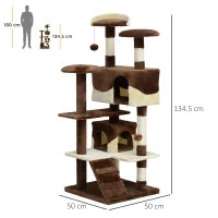 Albero Tiragraffi per Gatti in Peluche e Sisal con Cucce e Pallina 50×50×134.5cm Caffè e Crema