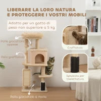 Albero per Gatti Multilivello Alto 104 cm con Casetta, Lettino, Pali Tiragraffi, Spazzola e Pallina, Beige