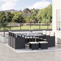 Set 11 PZ Mobili da Giardino in Rattan da Esterno con Tavolo in Vetro Temperato e Cuscini, Set da Pranzo, Nero