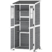 Casetta da Giardino in Legno con Ripiani Regolabili, Due Porte con Blocco e Finestre, Grigio
