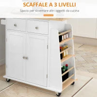 Carrello da Cucina Portaspezie a 3 Livelli e 4 Ruote in MDF e Truciolato, 89x45x89cm, Bianco