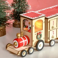 Calendario Avvento di Natale a forma di Treno con Babbo Natale e Luce LED Inclusa, in Compensato, 40x8x11 cm