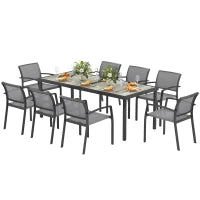 Set da Giardino con Tavolo da Pranzo Rettangolare e 8 Sedie Impilabili con Braccioli, Grigio