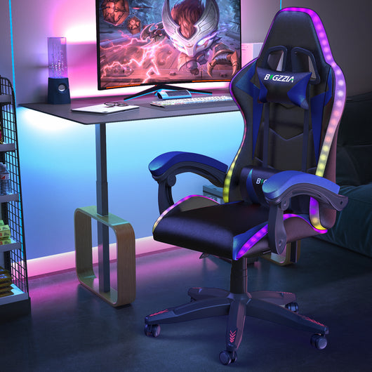 Sedia Gaming RGB LED - RATTANTREE - Sedia poltrona da gaming per ufficio videogiochi reclinabile - sedia gaming ergonomica in Pelle Pu - con Poggiatesta - Blu
