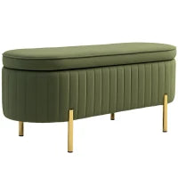 Panca Contenitore Ovale da 72L con Coperchio Sollevabile, in Tessuto Effetto Velluto e Legno, 108x44x43.5 cm, Verde