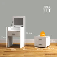 Tavolo da Trucco in Legno con Specchio Ribaltabile, 2 Cassetti e Sgabello, 50x40x113.5 cm, Bianco