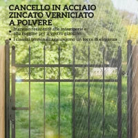 Cancello Giardino a 2 Paletti con Maniglia, Lucchetto e 3 Chiavi, in Acciaio Zincato, 105x204 cm, Nero