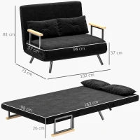 Divano Letto 3 in 1 in Tessuto Effetto Velluto con Schienale Regolabile e 2 Cuscini, 102x73x81 cm, Nero