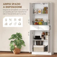 Credenza Cucina Alta con 2 Armadietti e un Cassetto Centrale, Ripiani Regolabili e 4 Ante Totali, Bianco