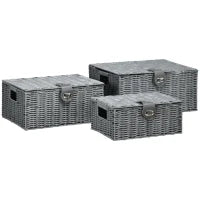 Set di 3 Cesti in Vimini PP con Coperchio di Diverse Dimensioni, Grigio