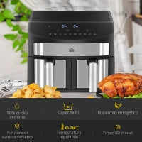 Friggitrice ad Aria 8L con Timer e Temperatura Regolabile, in Acciaio e Plastica, 38.8L x 36.3x31.1 cm, Nero