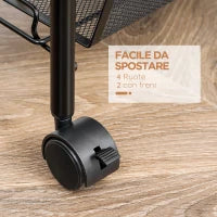 Carrello da Cucina a 4 Ripiani Rimovibili con 4 Ganci e Ruote, in Acciaio e Plastica PP, 45x26.5x84 cm, Nero