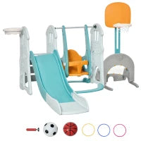 Scivolo per Bambini 4 anni max con Altalena, Canestro, Porta e Anelli, in HDPE e PP, 210x186x133 cm