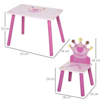 Set Tavolo e 2 Sedie a Tema Principesse per Cameretta Bambini in Legno Rosa con Schienale a Forma di Corona