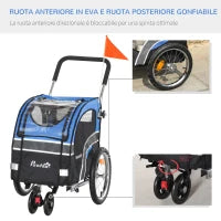 Carrello 2 in 1 Passeggino per Cani e Rimorchio Bici, Ruota Girevole Catarifrangenti e Bandierina 130x58x94cm Blu