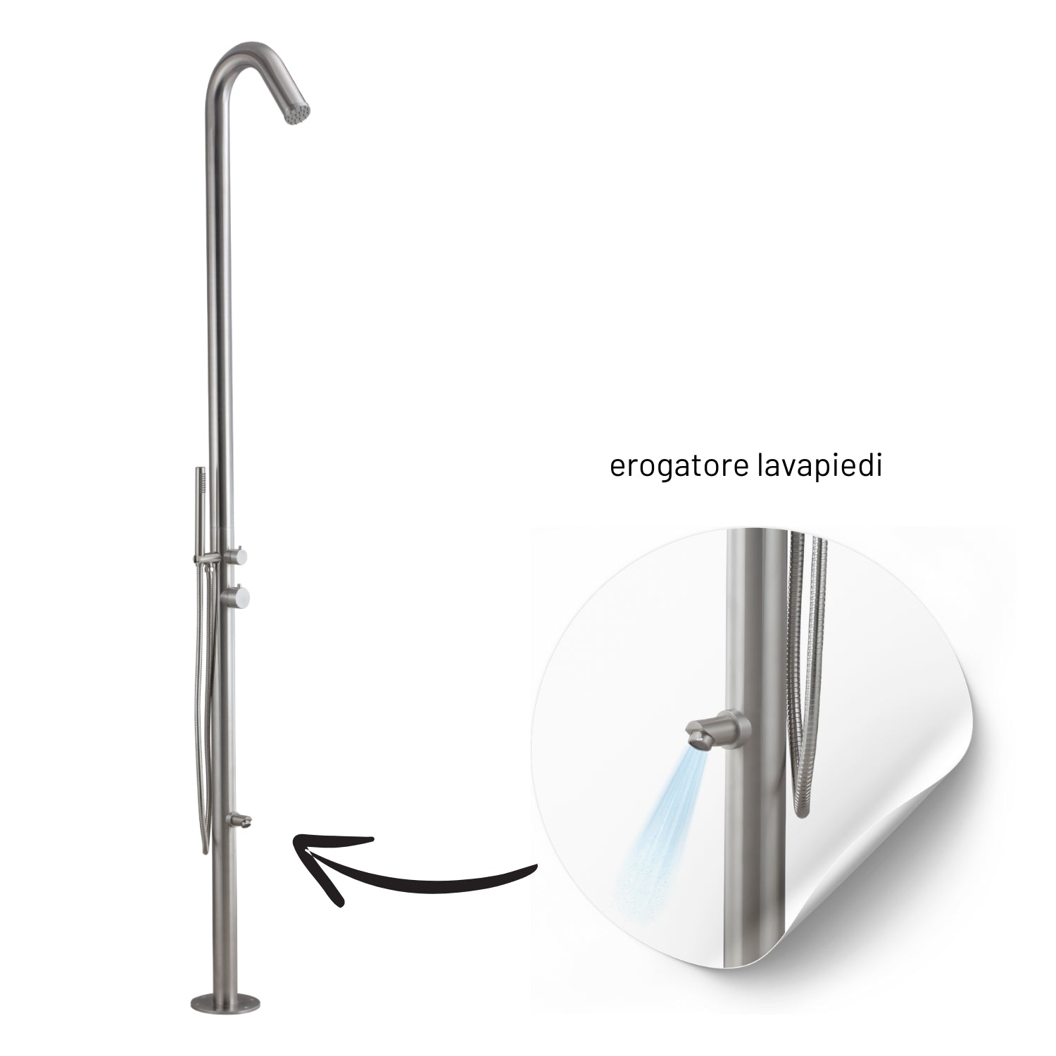 Colonna doccia da esterno betulla a pavimento inox spazzolato con lava piedi *** finitura- spazzolato, confezione 1