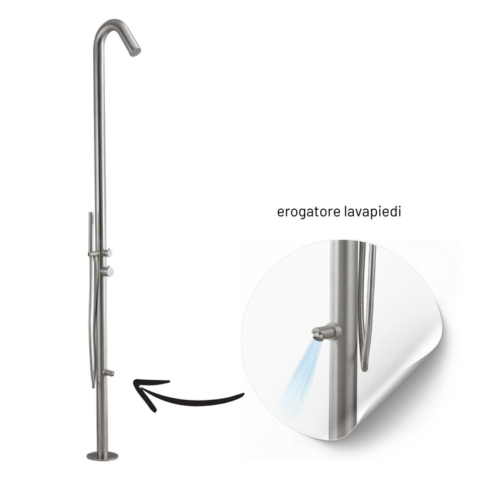 Colonna doccia da esterno betulla a pavimento inox spazzolato con lava piedi *** finitura- spazzolato, confezione 1