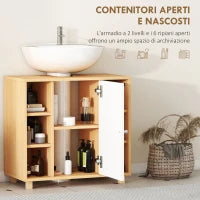 Mobile Sottolavabo Bagno con Armadietto a 2 Ante Soft-Close e 6 Ripiani Aperti, 60x33x57cm, Bianco