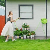 Outsunny Avvolgitubo da Giardino Retrattile con Tubo dell'Acqua 15 m, Rullo Avvolgitubo da Parete Girevole a 180°, Avvolgitubo Automatico Tubo da Giardino per Irrigazione in plastica, Verde