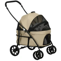 Passeggino per Cani Taglia Piccola con Tettuccio Regolabile e 2 Guinzagli, 81x68x98.5 cm, Nero e Khaki