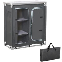 Cucina da Campeggio Doppio Armadietto, 3 Mensole e Sacca di Trasporto, Telaio Alluminio 96Lx49.5Px104cm Grigio