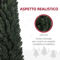 Albero di Natale Slim Alto 225 cm Salvaspazio con 538 Rami con Base in Acciaio per Interni, Verde