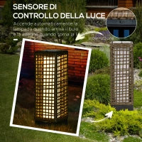 Lampada Solare da Giardino con Pannello di Ricarica, in Acciaio e Rattan, 15.5x15.5x46 cm, Nero e Marrone