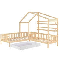 Letto per bambini a forma di casetta con cassetti e scaffali, senza materasso, 90x200 cm + 140x70 cm,naturale