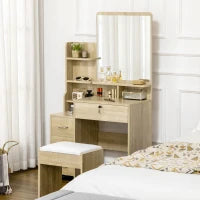 Toeletta da Trucco con Specchio, Tavolo da Trucco, Sgabello, 4 Cassetti e 4 Ripiani, Colore Legno