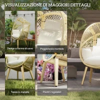 Sedia da Giardino a Uovo in Rattan PE e Acciaio con Seduta Imbottita e Poggiatesta, 88x85x143 cm