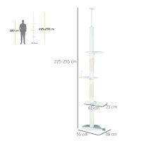 Albero Tiragraffi per Gatti a Soffitto con Palo Regolabile da 225-255 cm, Pallina e Piattaforme, Bianco