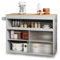 Carrello da cucina pieghevole con porte scorrevoli in vetro temperato, ripiani regolabili e portasalviette, 122x46x91 cm, Grigio