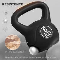 Kettlebell 6kg in Plastica e Sabbia con Base Piatta e Impugnatura, 20x13x22 cm, Nero