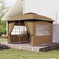 Gazebo da Giardino 3.4x3.4m con Pareti, Protezione UV e Tetto a 2 Livelli, Beige