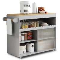Carrello da cucina pieghevole con porte scorrevoli in vetro temperato, ripiani regolabili e portasalviette, 122x46x91 cm, Grigio