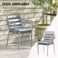 Set da Giardino 7 Pezzi in Acciaio con 6 Sedie Impilabili e Tavolo da Pranzo, Grigio Chiaro
