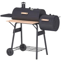 Barbecue a Carbone con Coperchio e Affumicatore, BBQ da Giardino con Ripiani e Ruote 124x53x104 cm, Nero
