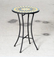 Tavolino da Giardino in Metallo con Piano d'Appoggio a Mosaico, Ф35.5x53.5cm
