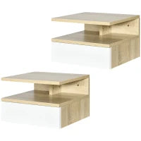Set da 2 Comodini Sospesi con Cassetto e Ripiano Superiore, in Legno, 35x32x22.5 cm, Bianco e Rovere
