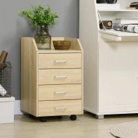 Cassettiera da Ufficio in Legno con 4 Cassetti, Ruote e Bordi Rialzati, 40x36x65cm, Legno Naturale