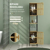 Mobiletto Bagno a Doghe con 2 Ripiani Aperti e 2 Armadietti, in MDF e Bambù, 32x30x172 cm, Nero e color Legno