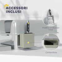Lettiera per Gatti con Gradino, Paletta e Box Portaoggetti, in Acciaio Inox e ABS, 60.2x40.6x29 cm, Grigio Chiaro